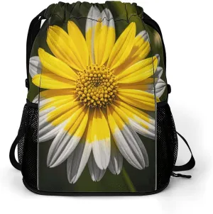 Large Sports Drawstring Backpack Yellow Gray Flower Printed with Dry-Wet Separation | Digital Print Gym Sack | Waterproof Fabric | Shoe Compartment & PVC Pocket | Hydration Mesh for Fitness, Travel, W