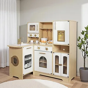 Large Wooden Corner Play Kitchen Sets with Real Running Water, 2 in 1 Water Dispenser with Ice Maker, Toy Tove with Light and Sounds for Toddlers, Preschoolers, Children Age 3  Years