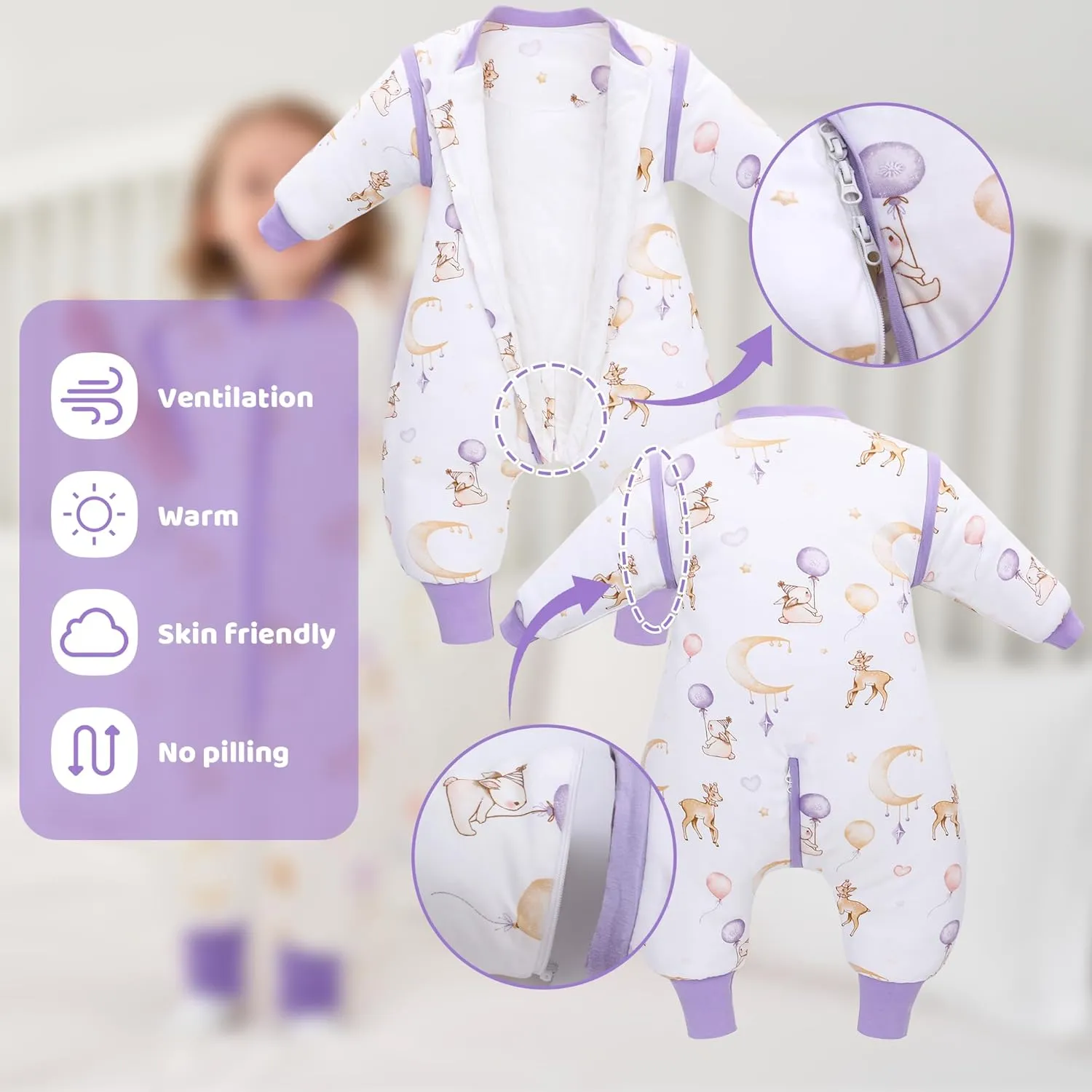 LAT Baby Sleep Bag with Feet Winter,3-way zipper Wearable Blanket,Warm Sack for Toddler Thicken 2.5 TOG-Removable Sleeves