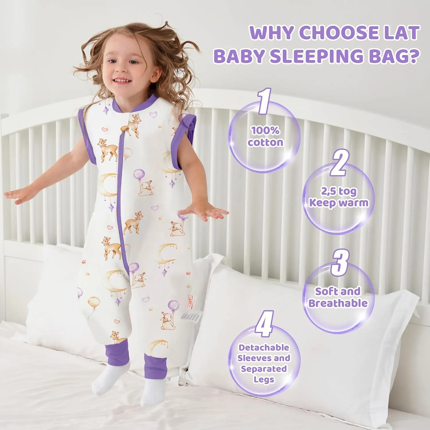 LAT Baby Sleep Bag with Feet Winter,3-way zipper Wearable Blanket,Warm Sack for Toddler Thicken 2.5 TOG-Removable Sleeves