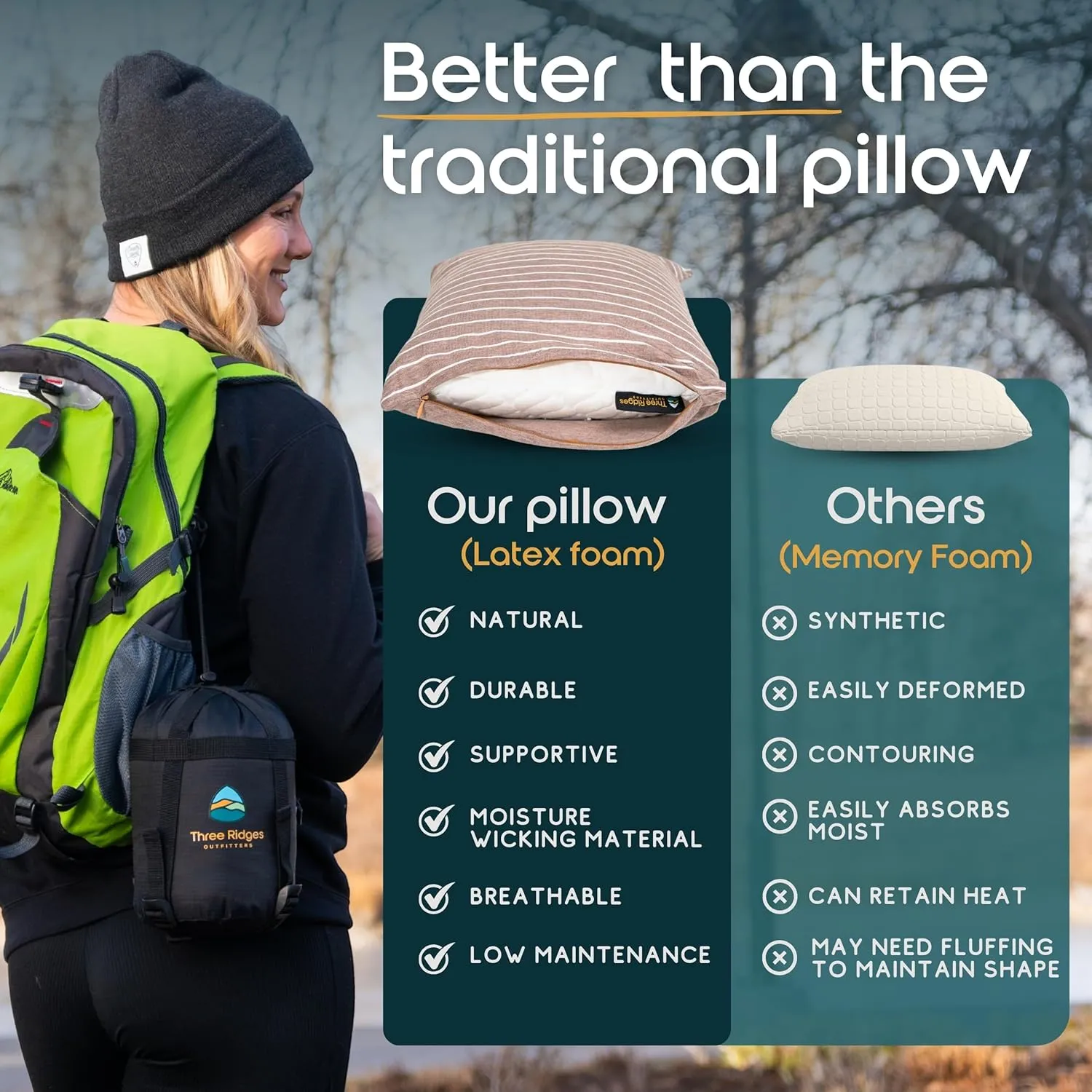 Latex Foam Adventure Pillow - Compressible, Adjustable, Camping, Roadtrip, Airplane, Travel, Camping Essential