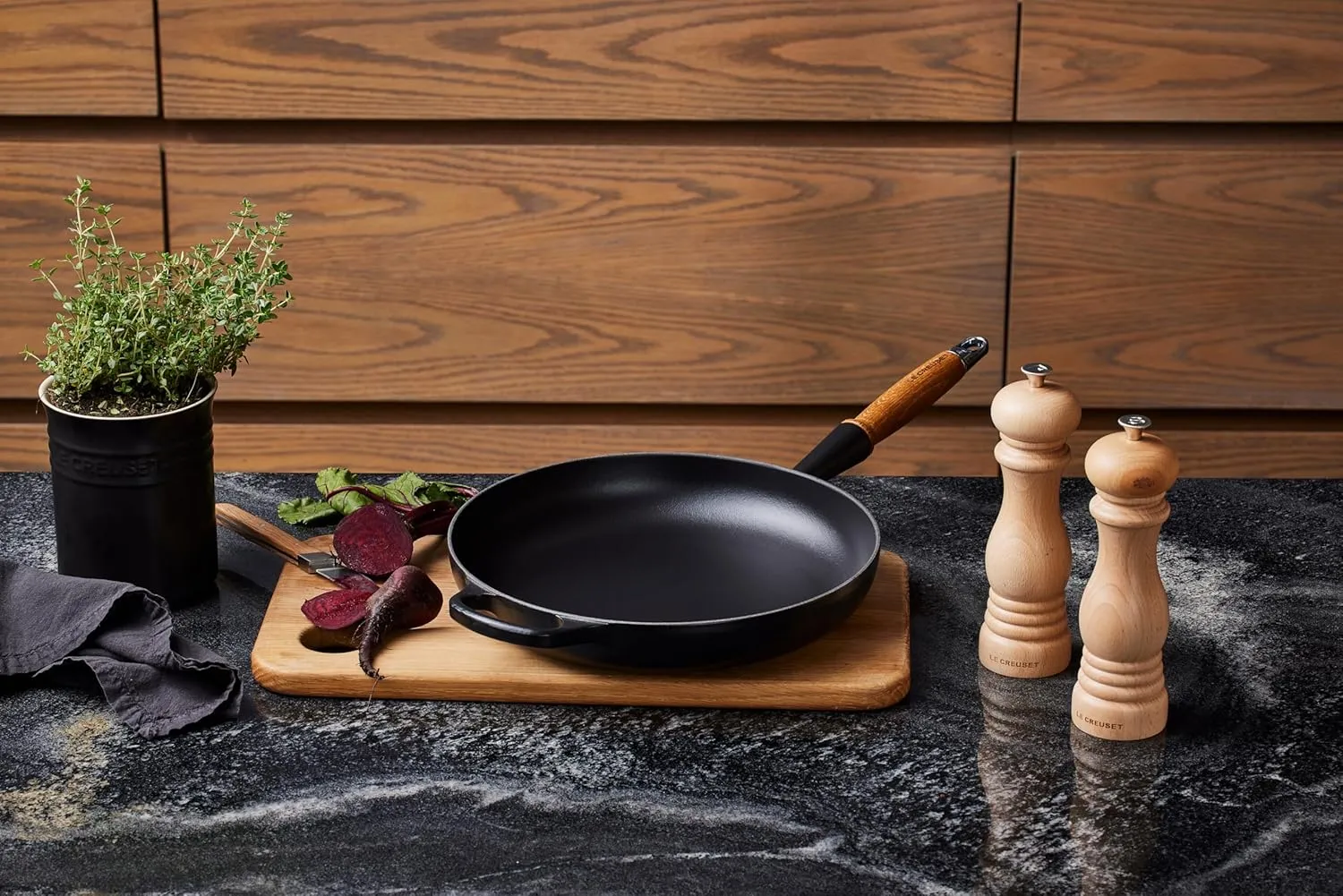 Le Creuset Enameled Cast Iron Alpine Wood Handle Fry Pan, 10.25", Flame