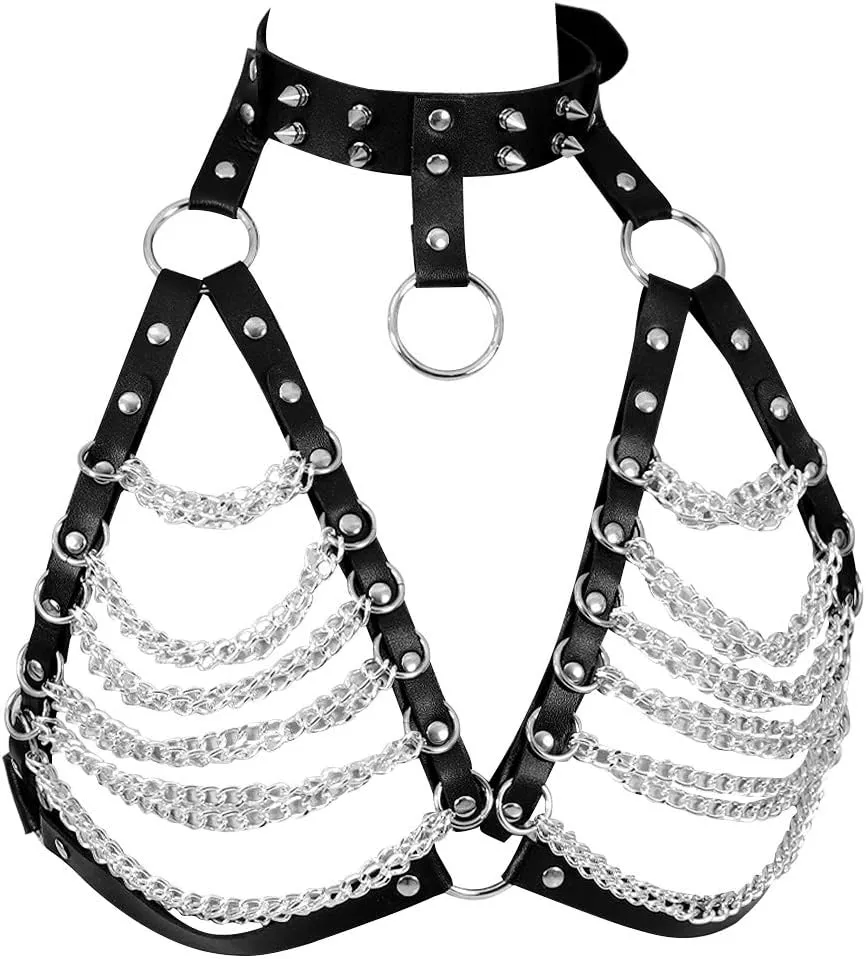 Leather Body Harness Bra for Women Punk Goth Tops Cage Strap Adjust Plus Size Festival Rave Costume