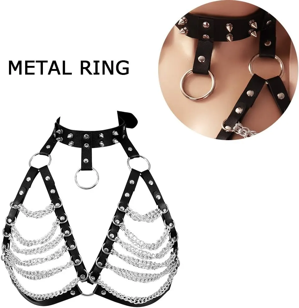 Leather Body Harness Bra for Women Punk Goth Tops Cage Strap Adjust Plus Size Festival Rave Costume