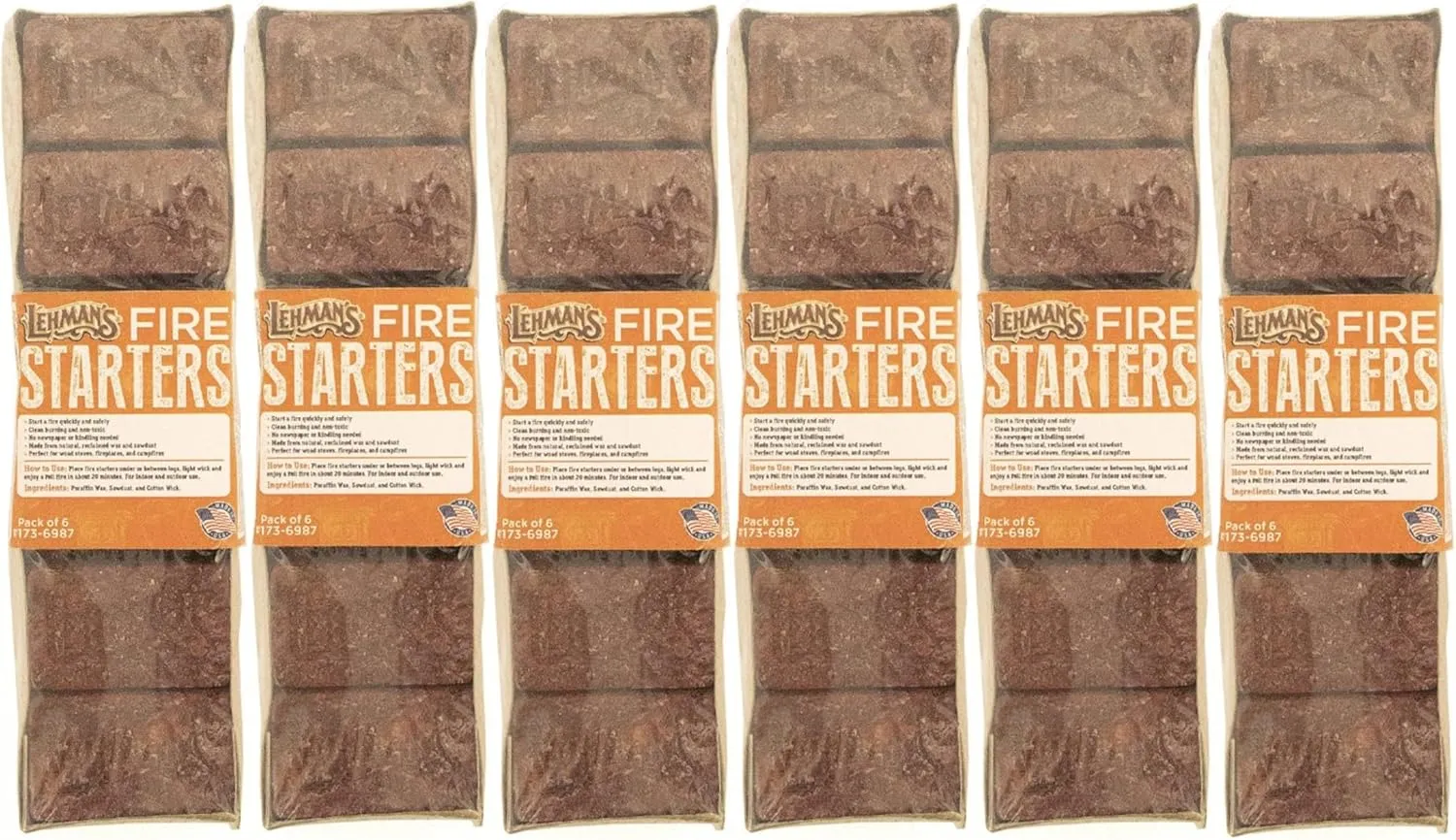 Lehman's Fire Starters, Non-Toxic Indoor/Outdoor Solid Firelighter with Safe Easy and Quick Light Wick, 36 Count (Six 6 Packs)