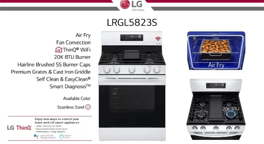 LG LRGL5823S Range, Gas, 30 inch Exterior Width, Self Clean, Convection, 5 Burners, 5.8 cu. ft. Capacity, Storage Drawer, Air Fry, 1 Ovens, Stainless Steel colour Griddle REFURBISHED 1 Year Warranty