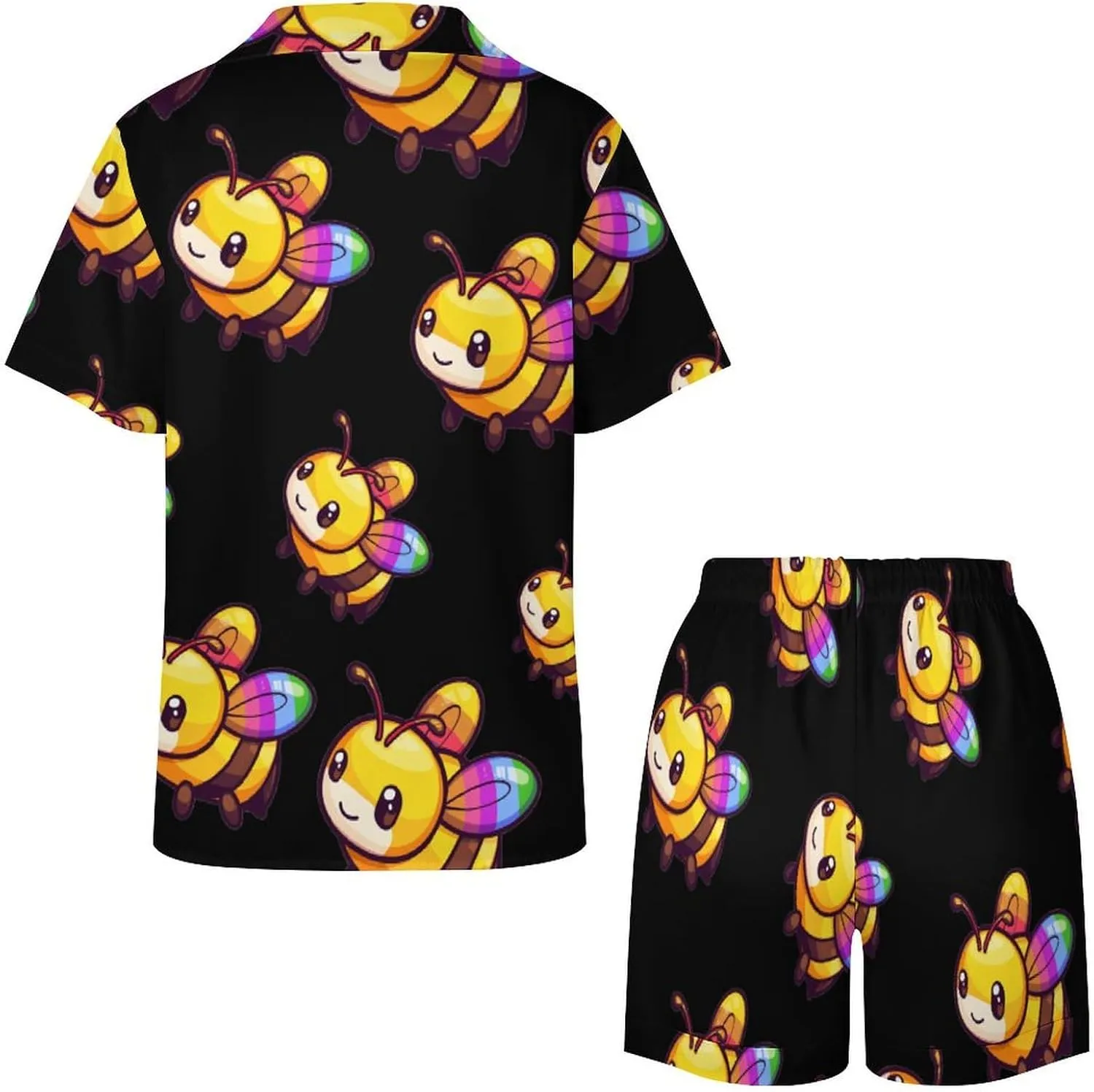 LGBT Rainbow Bee Women's Satin Pajama Set Short Sleeve Button Down Sleepwear Loungewear Pj Set