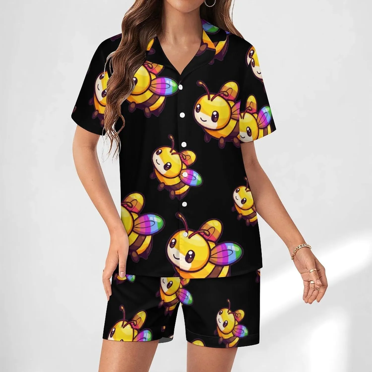 LGBT Rainbow Bee Women's Satin Pajama Set Short Sleeve Button Down Sleepwear Loungewear Pj Set
