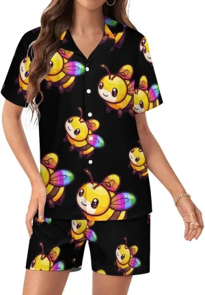 LGBT Rainbow Bee Women's Satin Pajama Set Short Sleeve Button Down Sleepwear Loungewear Pj Set