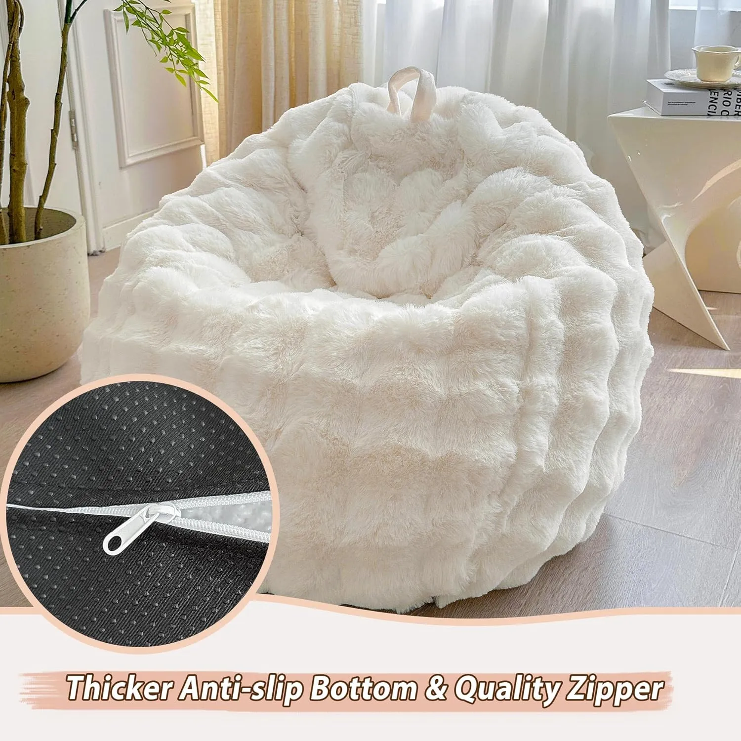 LIFEREVO Kids Fluffy Faux Rabbit Fur Bean Bag Chair Cover (No Filler), Soft Luxury Fuzzy Stuffed Animal Storage Bubble Bean Bag Home Decor, Comfy Shaggy Furry Beanbag Cover Kids Girls Adults, Beige