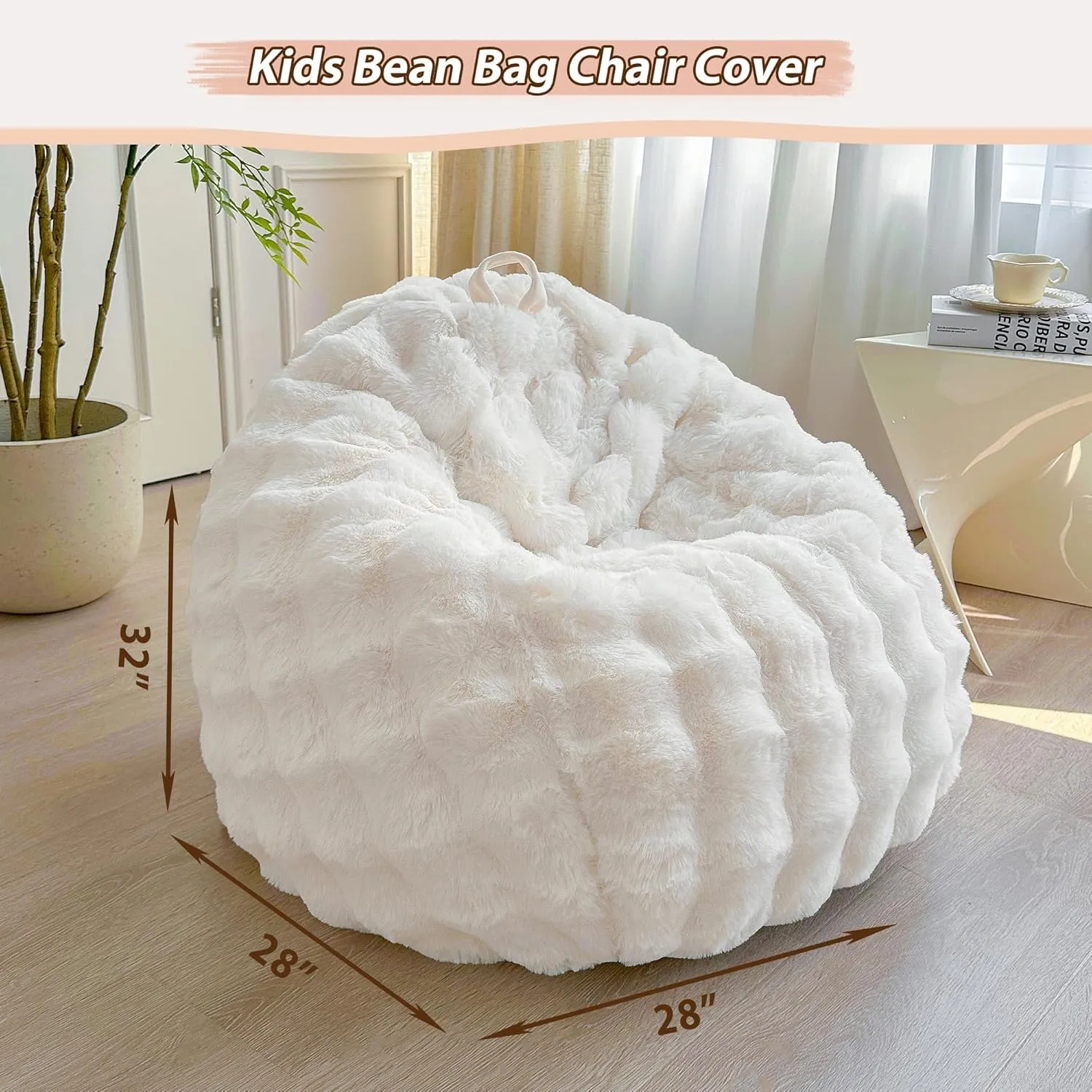 LIFEREVO Kids Fluffy Faux Rabbit Fur Bean Bag Chair Cover (No Filler), Soft Luxury Fuzzy Stuffed Animal Storage Bubble Bean Bag Home Decor, Comfy Shaggy Furry Beanbag Cover Kids Girls Adults, Beige