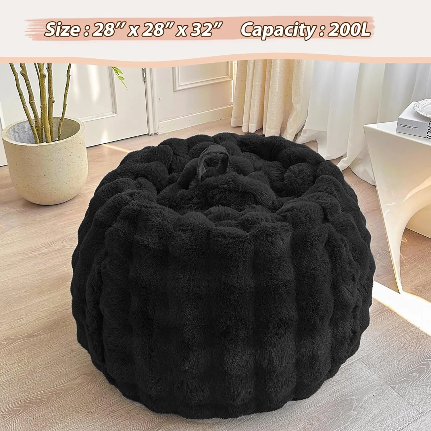 LIFEREVO Kids Fluffy Faux Rabbit Fur Bean Bag Chair Cover (No Filler), Soft Luxury Fuzzy Stuffed Animal Storage Bubble Bean Bag Home Decoration, Comfy Shaggy Furry Beanbag Cover Kids Teens, Black