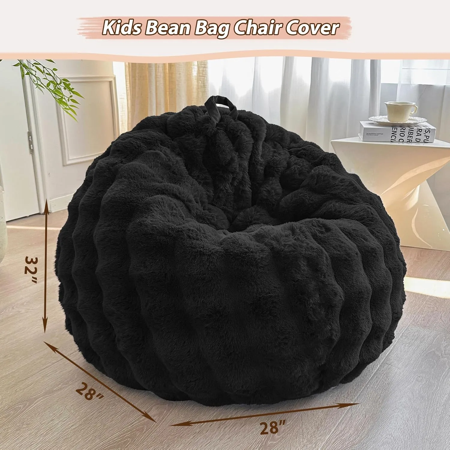 LIFEREVO Kids Fluffy Faux Rabbit Fur Bean Bag Chair Cover (No Filler), Soft Luxury Fuzzy Stuffed Animal Storage Bubble Bean Bag Home Decoration, Comfy Shaggy Furry Beanbag Cover Kids Teens, Black