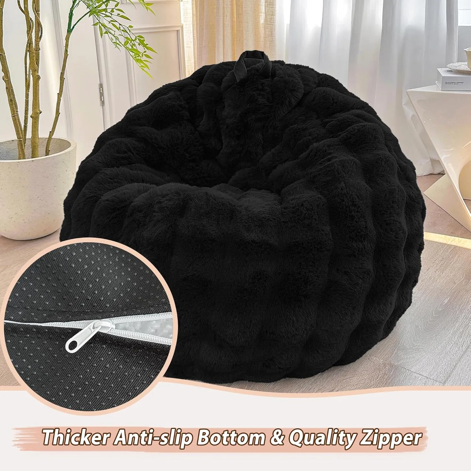 LIFEREVO Kids Fluffy Faux Rabbit Fur Bean Bag Chair Cover (No Filler), Soft Luxury Fuzzy Stuffed Animal Storage Bubble Bean Bag Home Decoration, Comfy Shaggy Furry Beanbag Cover Kids Teens, Black