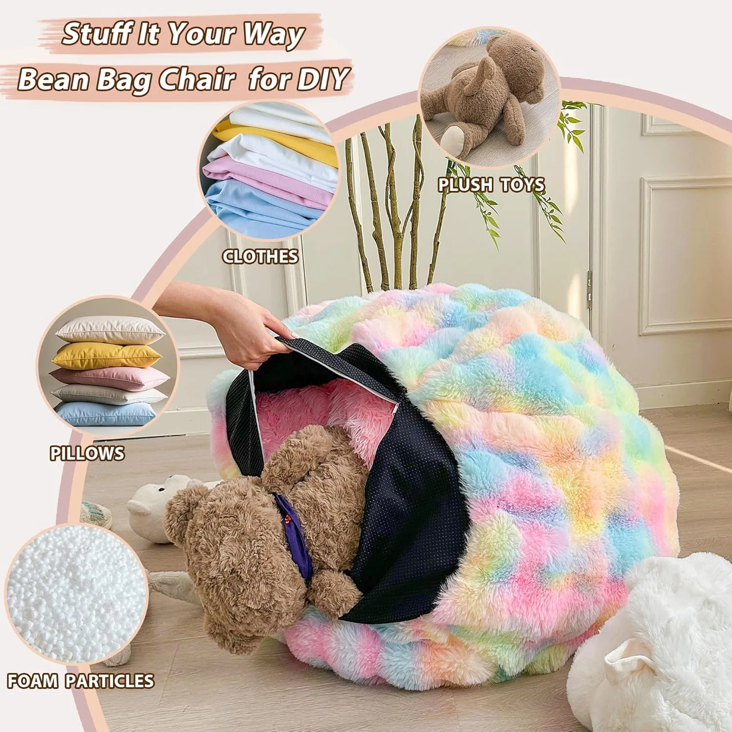 LIFEREVO Kids Fluffy Faux Rabbit Fur Bean Bag Chair Cover (No Filler), Soft Luxury Fuzzy Stuffed Animal Storage Bubble Bean Bag Home Decoration, Comfy Shaggy Furry Beanbag Cover Kids Teens, Black