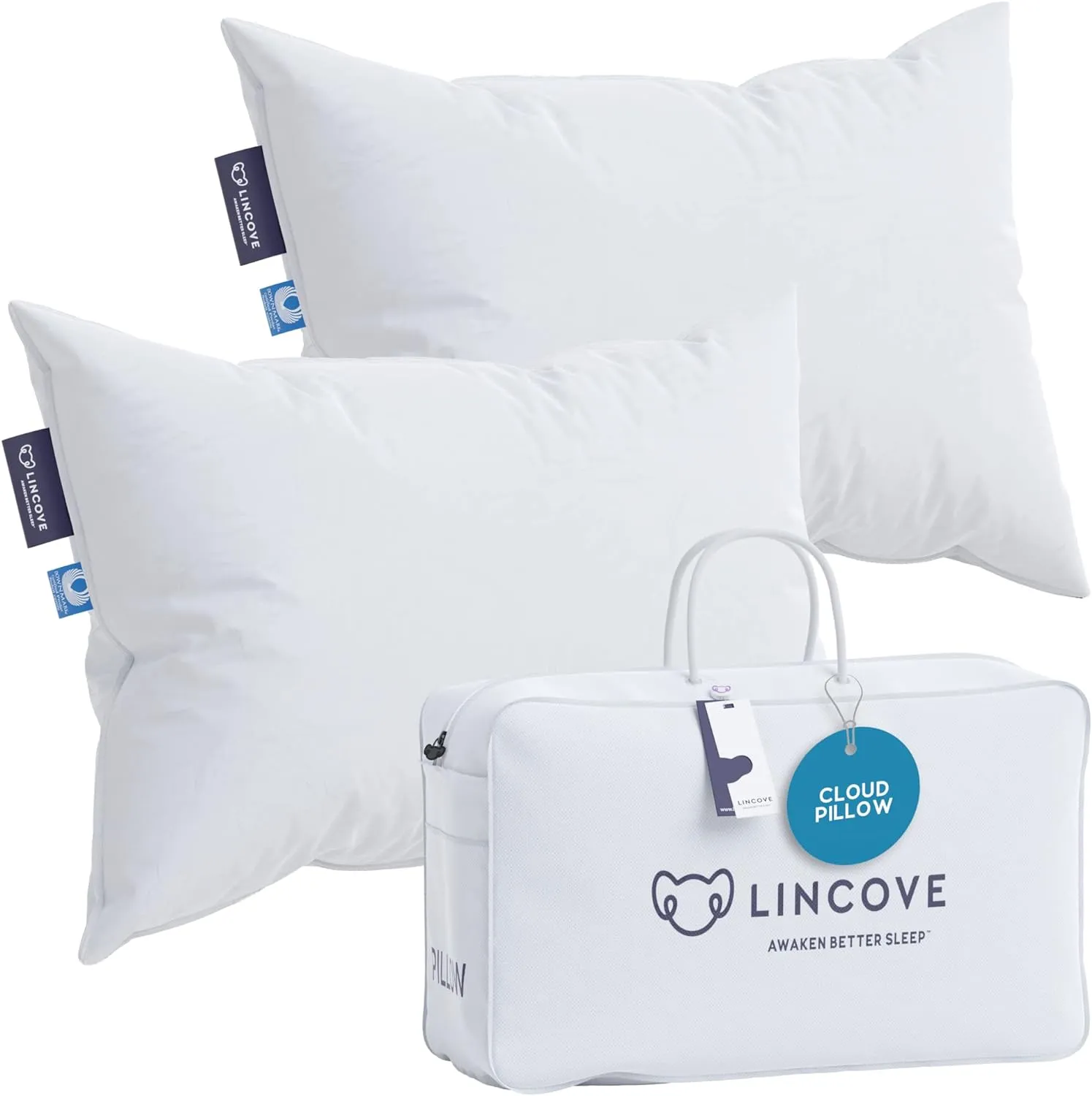 Lincove Cloud Natural Canadian Down Pillow, White Luxury Sleeping Pillow - 625 Fill Power, 100% Cotton Shell, 500 Thread Count, Made in Canada, King - Soft, 2 Pack