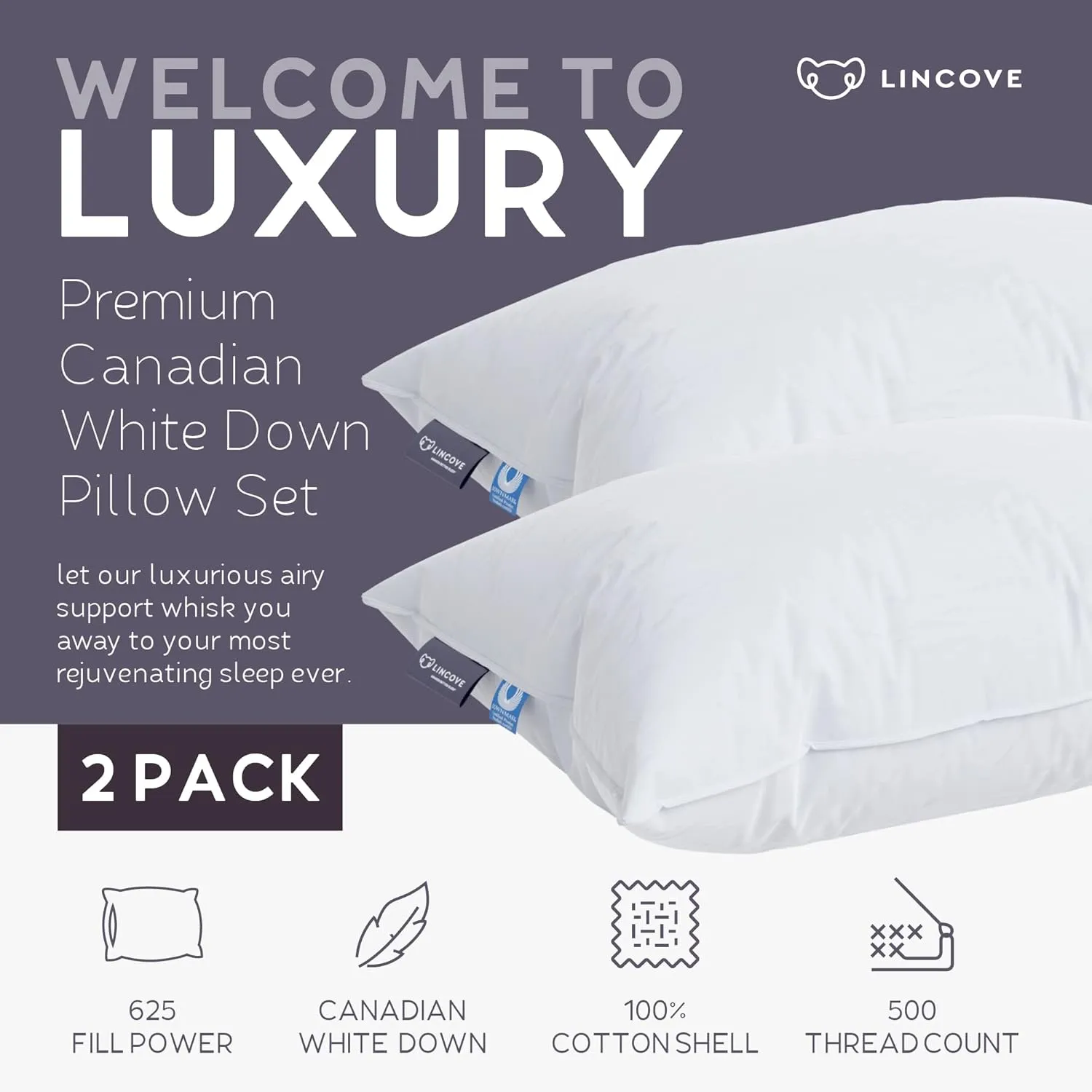 Lincove Cloud Natural Canadian Down Pillow, White Luxury Sleeping Pillow - 625 Fill Power, 100% Cotton Shell, 500 Thread Count, Made in Canada, Queen - Soft, 2 Pack