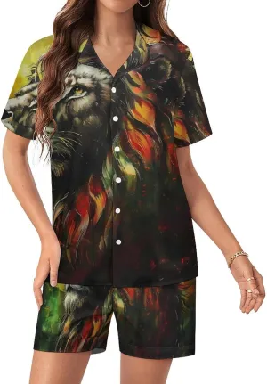 Lion A Rastafari Flag Jungle Reggae Women's Satin Pajama Set Short Sleeve Button Down Sleepwear Loungewear Pj Set