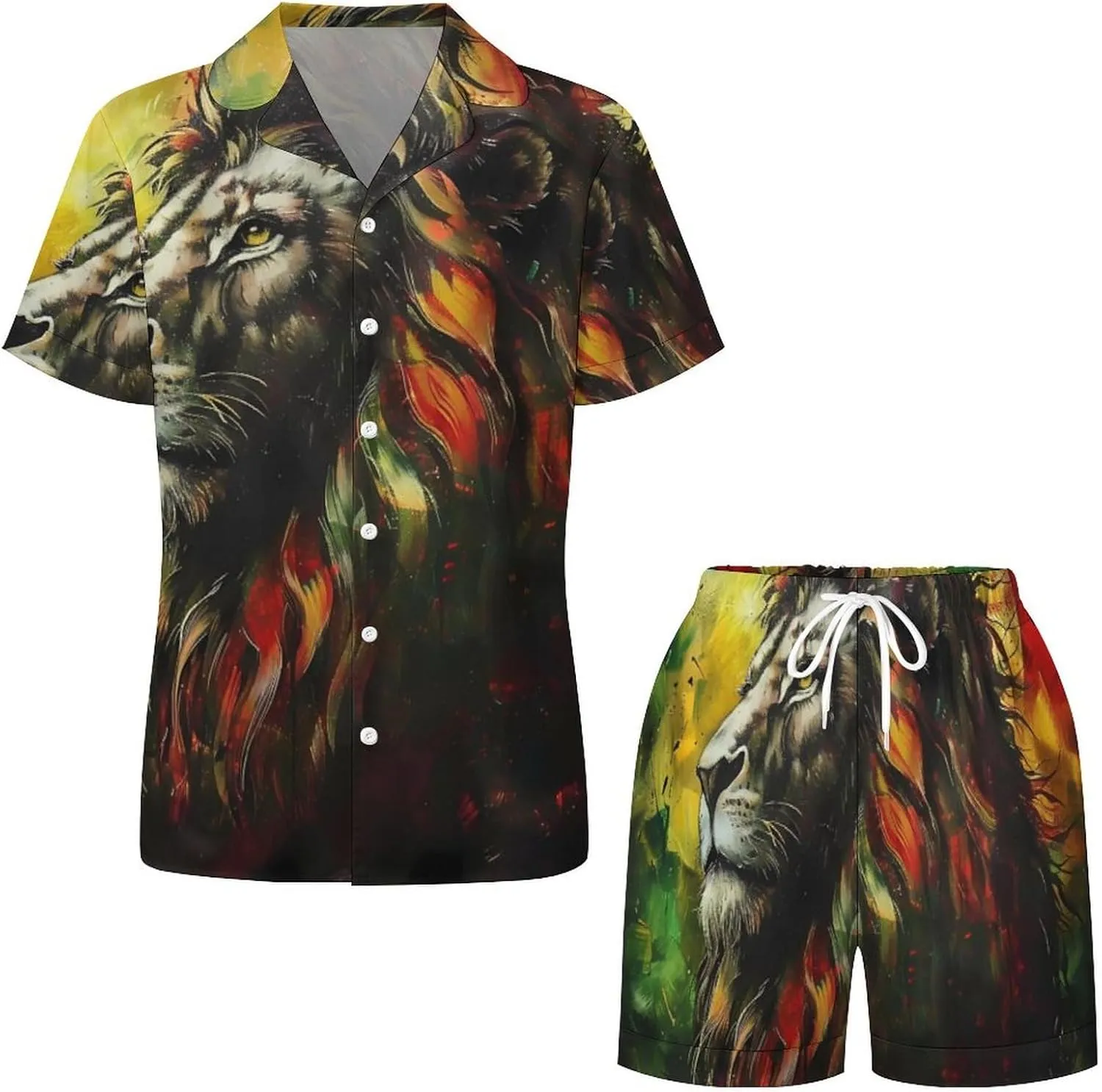 Lion A Rastafari Flag Jungle Reggae Women's Satin Pajama Set Short Sleeve Button Down Sleepwear Loungewear Pj Set
