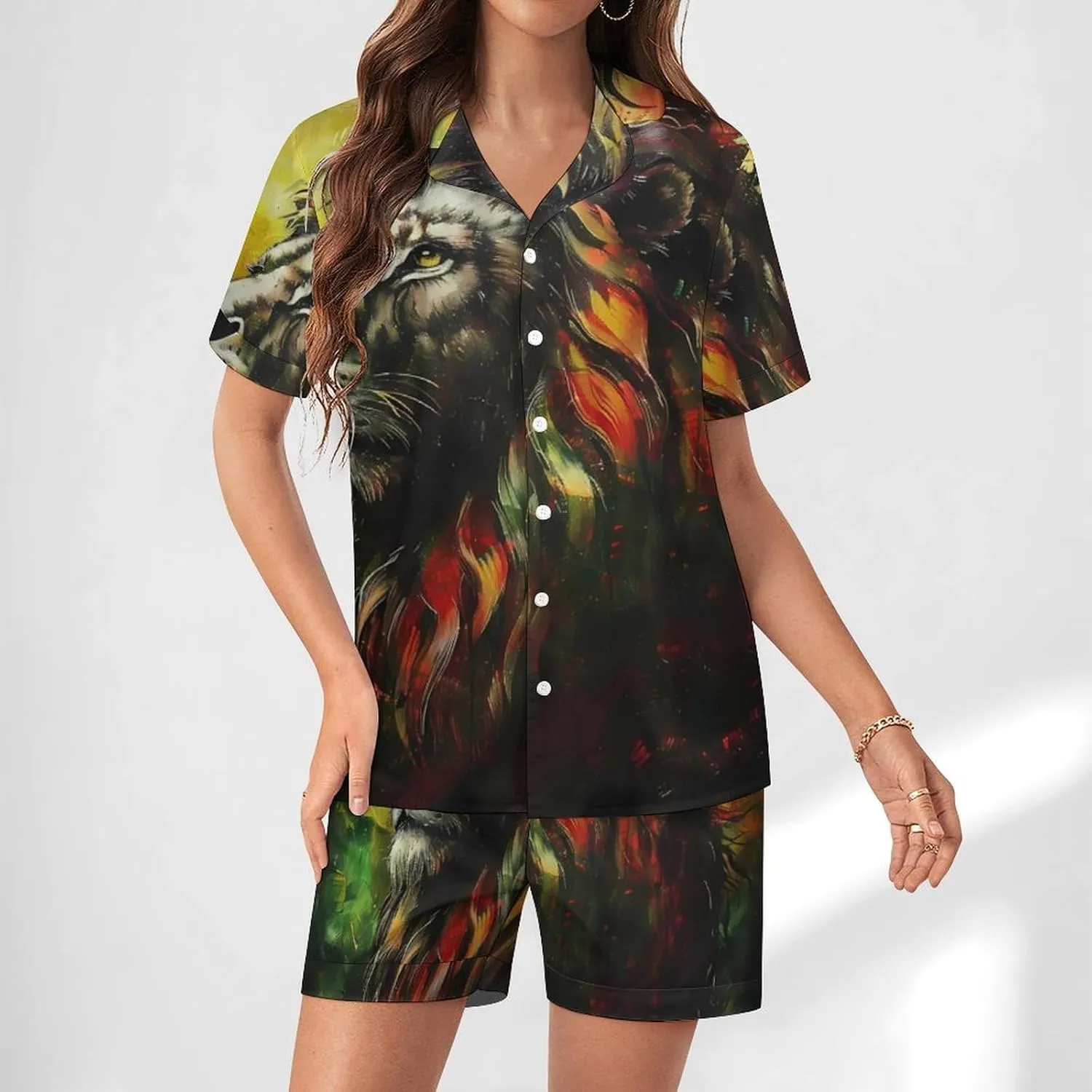 Lion A Rastafari Flag Jungle Reggae Women's Satin Pajama Set Short Sleeve Button Down Sleepwear Loungewear Pj Set