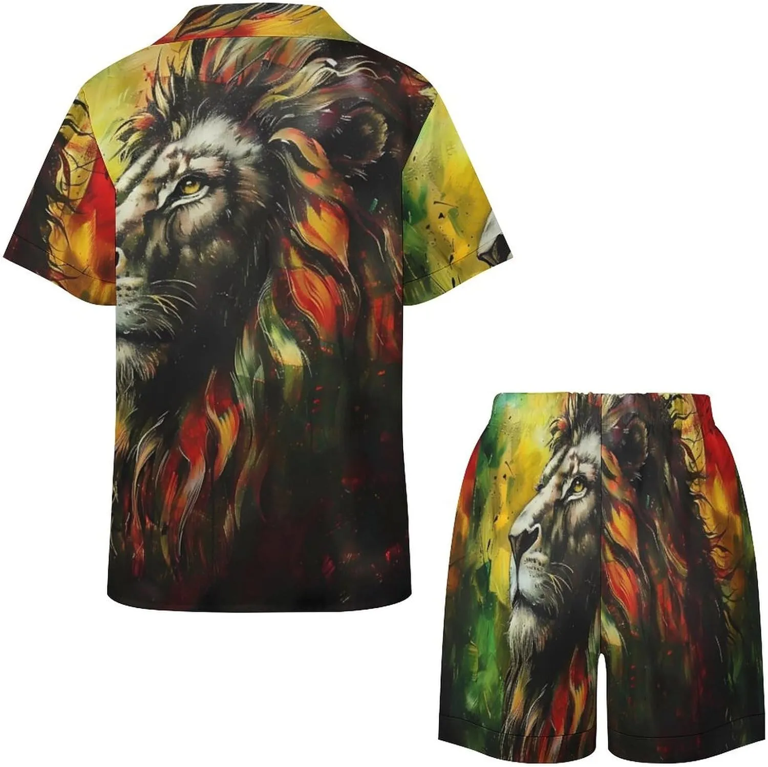 Lion A Rastafari Flag Jungle Reggae Women's Satin Pajama Set Short Sleeve Button Down Sleepwear Loungewear Pj Set