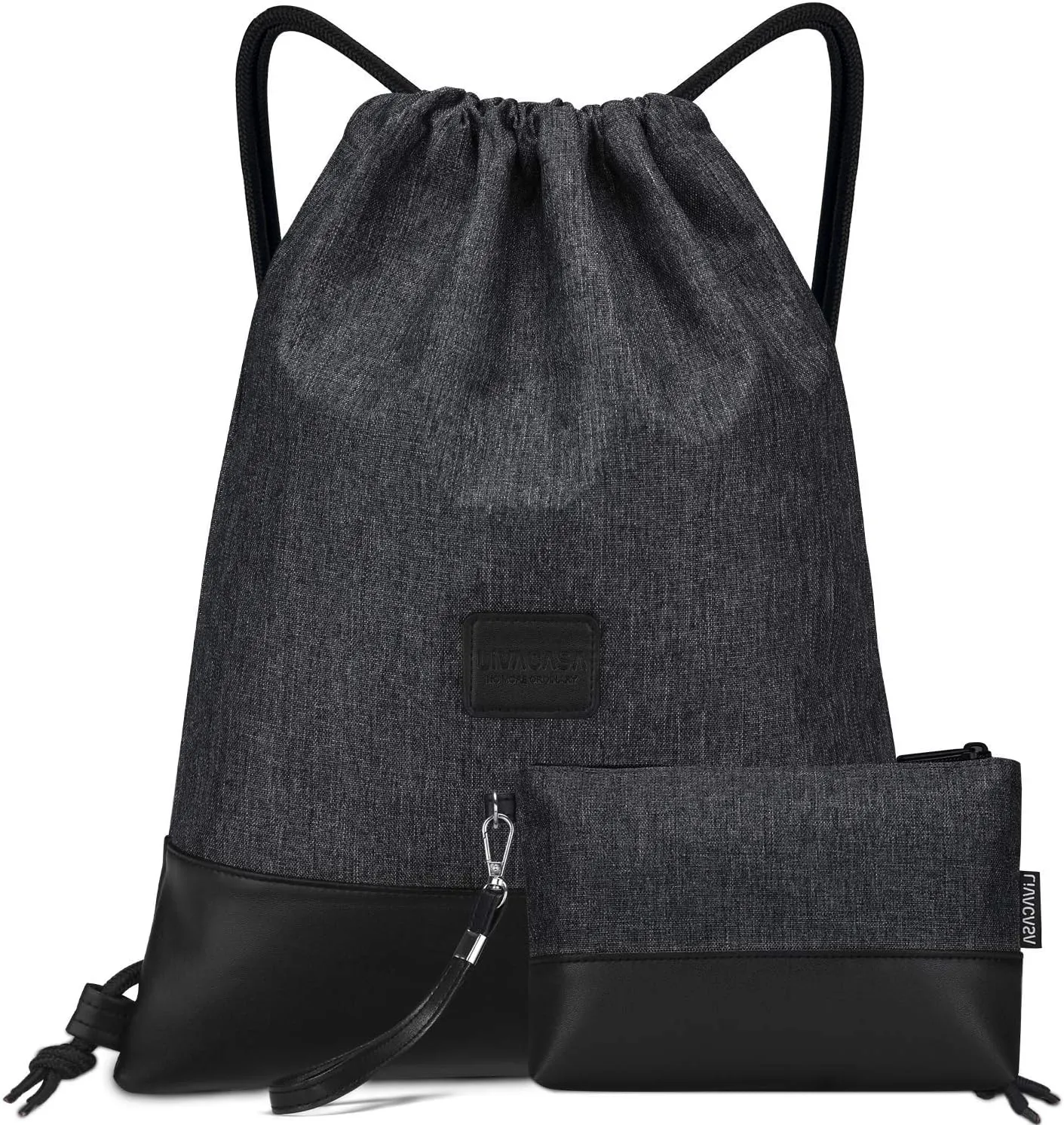LIVACASA Drawstring Backpack Bag Sports Gym Bag Large Water-Resistant Sackpack Inside Zipper Pocket 13x16.6 Inches for Men Women Boys Girls Black PU