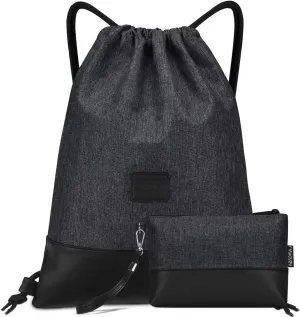LIVACASA Drawstring Backpack Bag Sports Gym Bag Large Water-Resistant Sackpack Inside Zipper Pocket 13x16.6 Inches for Men Women Boys Girls Black PU