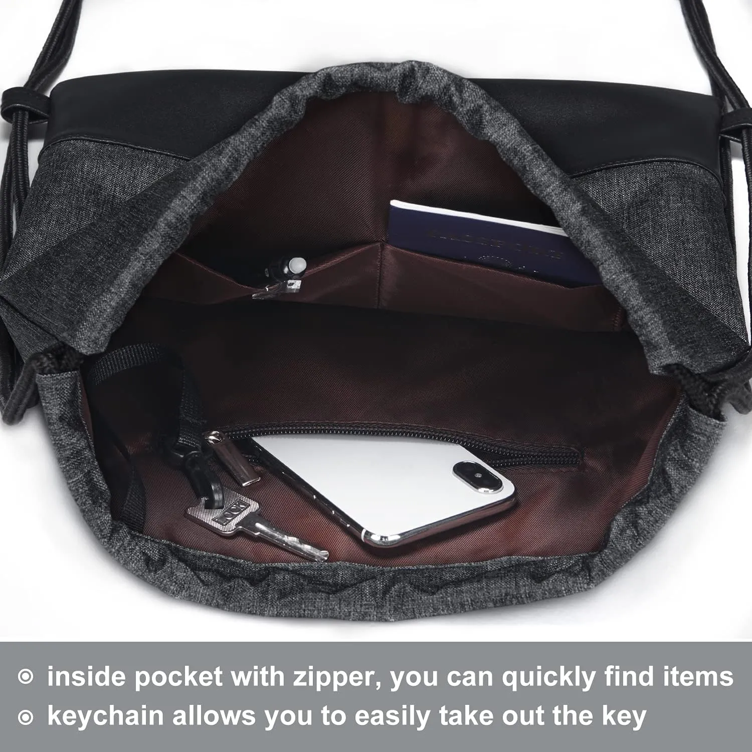 LIVACASA Drawstring Backpack Bag Sports Gym Bag Large Water-Resistant Sackpack Inside Zipper Pocket 13x16.6 Inches for Men Women Boys Girls Black PU