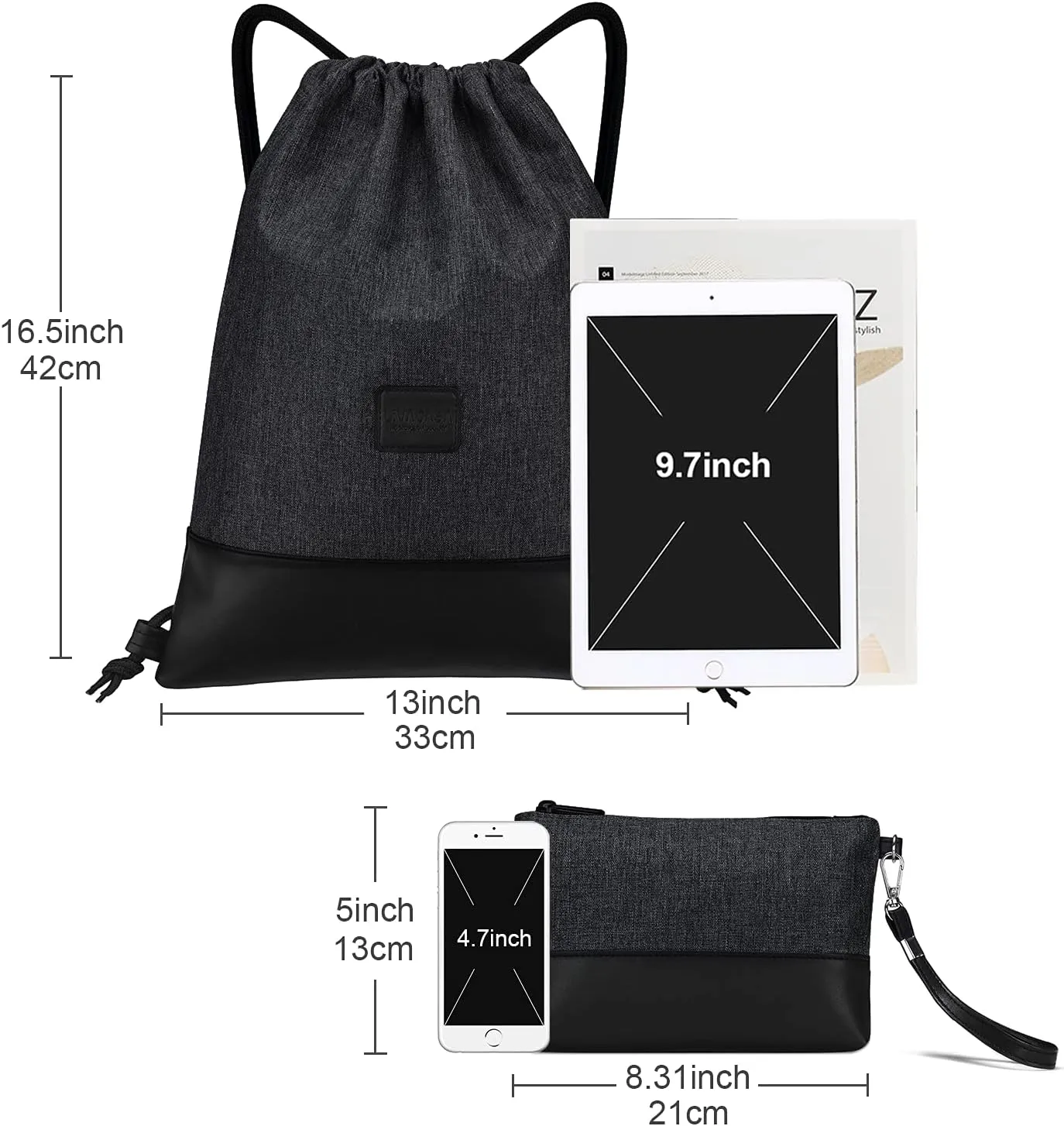 LIVACASA Drawstring Backpack Bag Sports Gym Bag Large Water-Resistant Sackpack Inside Zipper Pocket 13x16.6 Inches for Men Women Boys Girls Black PU