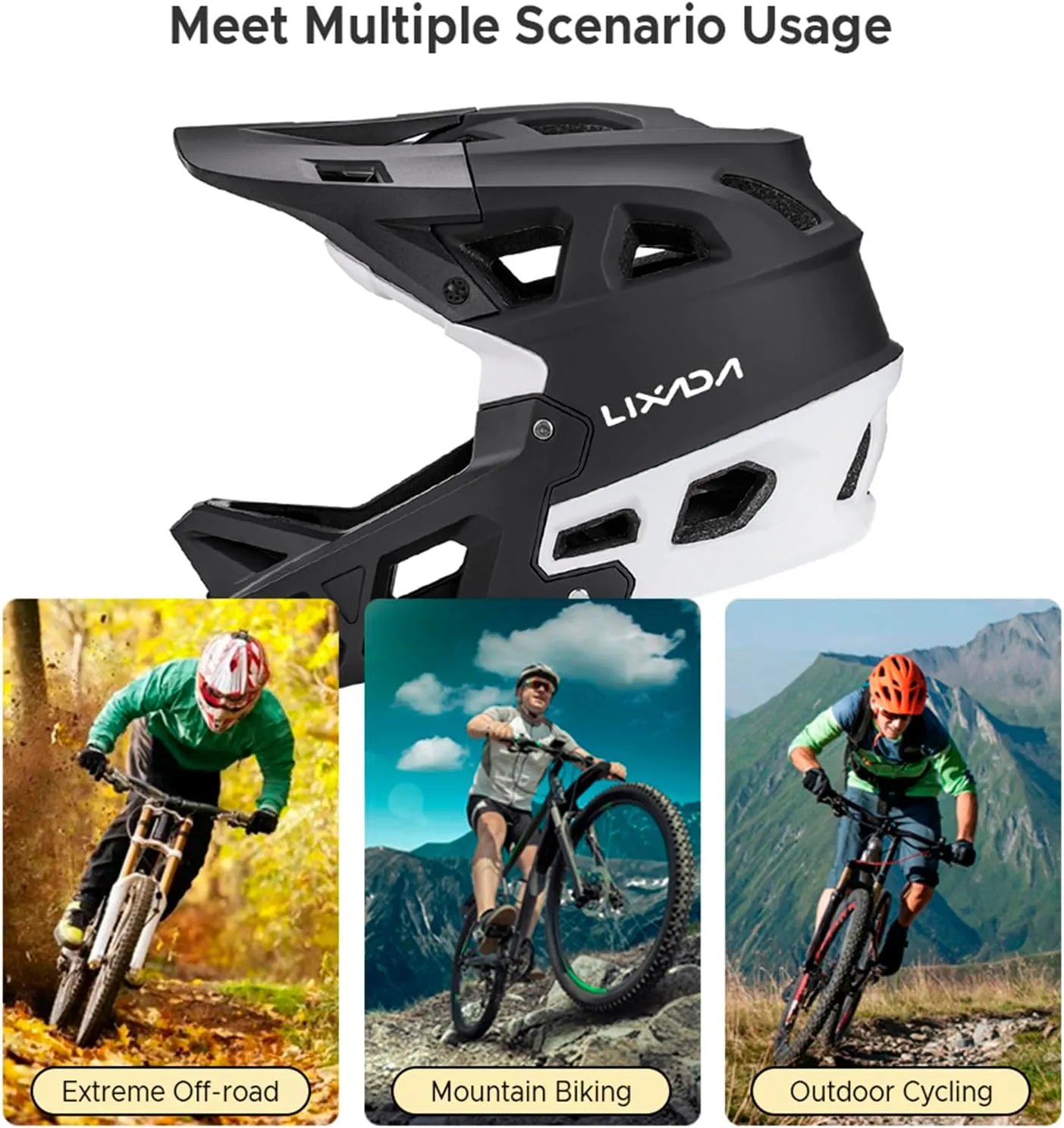 Lixada Adult Bike Helmet, Full Face Mountain Bike Helmet Lightweight Bicycle Helmet with Pads & Visor, Comfort Cycling Helmet Racing Downhill MTB Helmet for Men Women