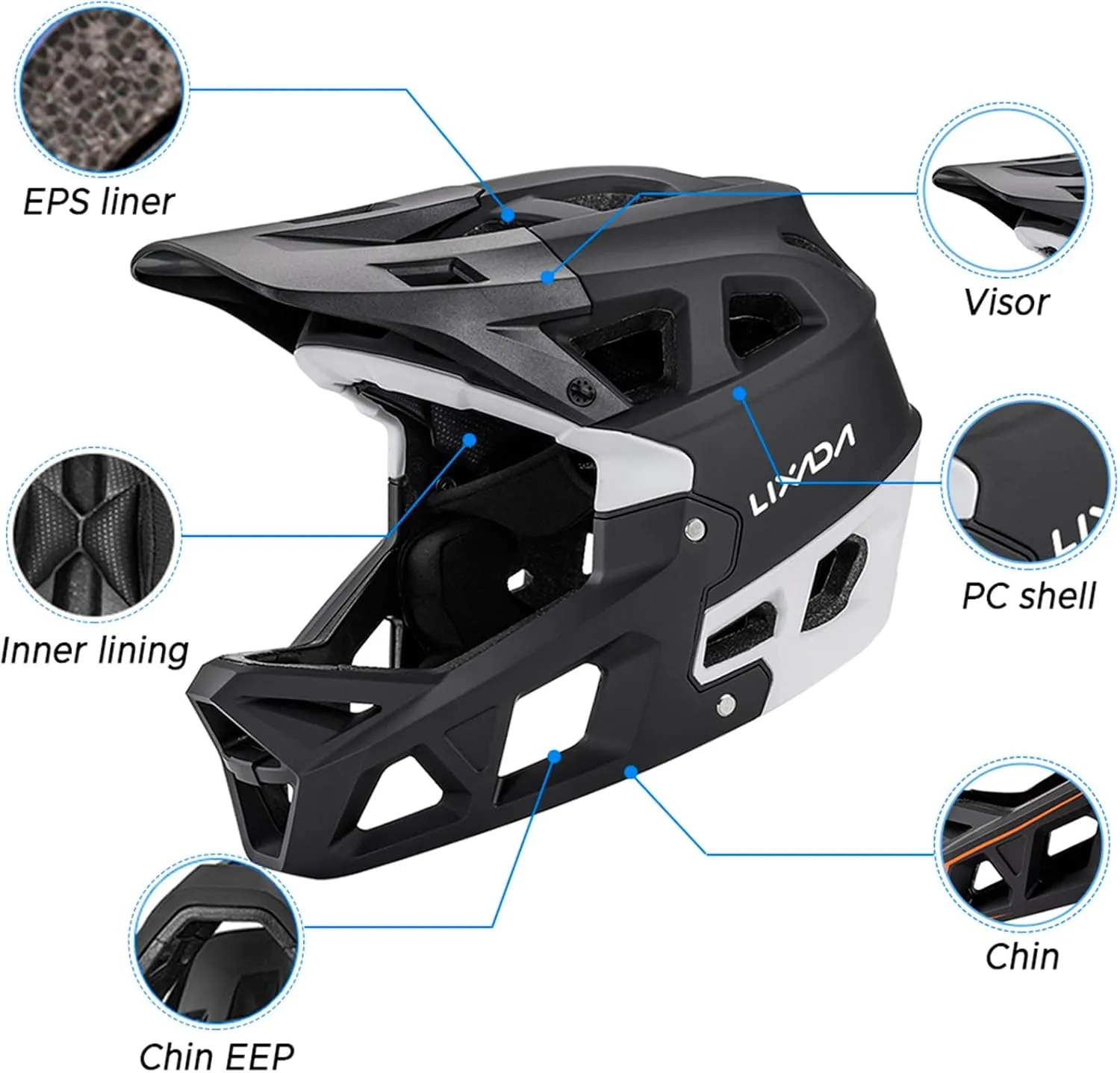 Lixada Adult Bike Helmet, Full Face Mountain Bike Helmet Lightweight Bicycle Helmet with Pads & Visor, Comfort Cycling Helmet Racing Downhill MTB Helmet for Men Women