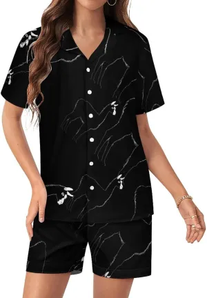 Llama Women's Satin Pajama Set Short Sleeve Button Down Sleepwear Loungewear Pj Set
