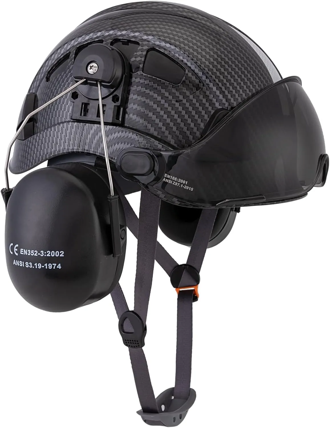 LOHASPRO Arborist Forestry Helmet Safety Hard Hat with Visor and Ear Muffs Carbon Fiber Hard Hat for Logging Chainsaw Helmet Mowing(Black Graphite Pattern with Smoked Visor Earmuffs)