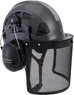 LOHASPRO Forestry Safety Helmet Chainsaw Helmet with Mesh Face Shield and Ear Muffs for Tree Logging Cutting Wood Arborist Helmet (Black Graphite Pattern with Mesh Face Shield Earmuff)