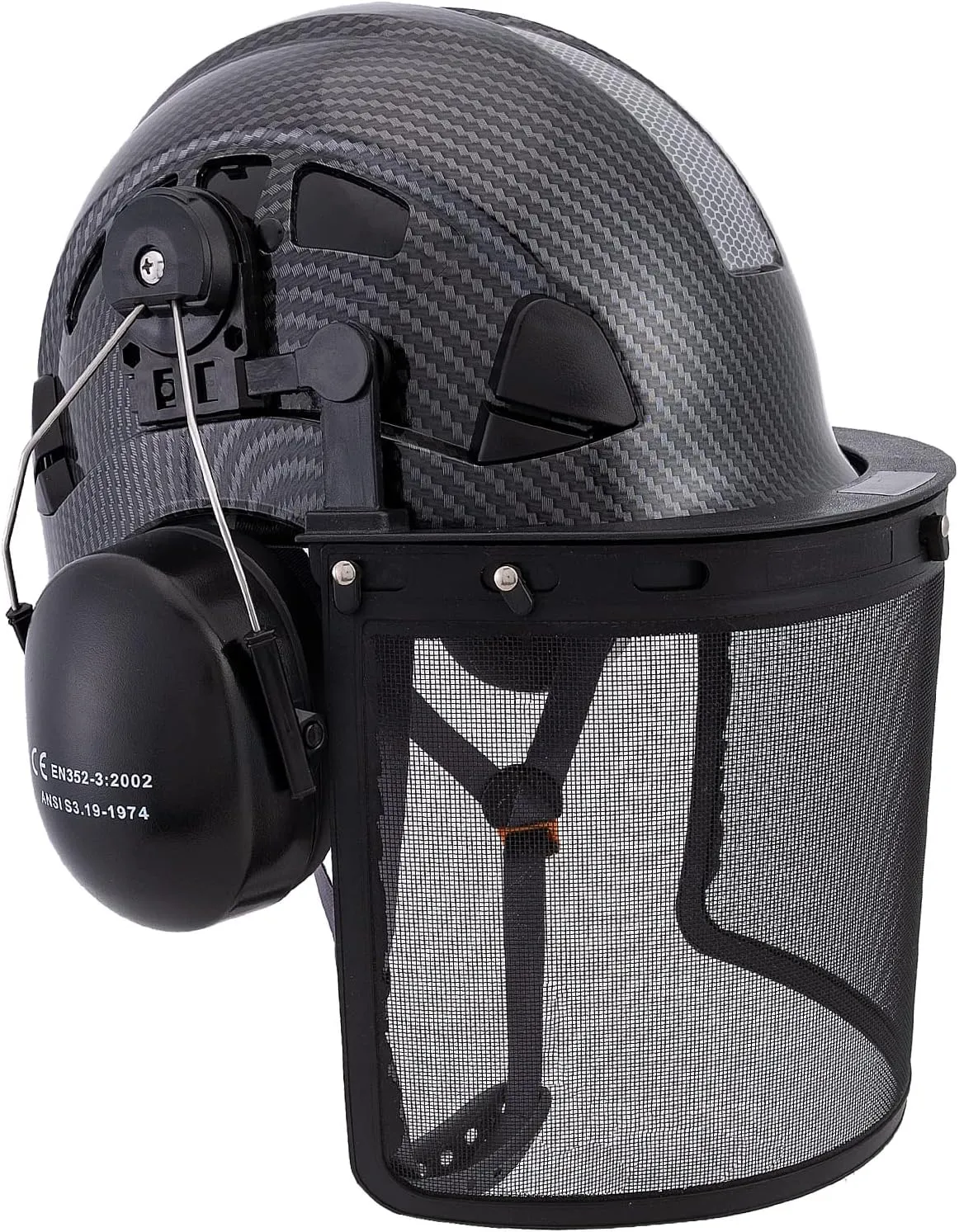 LOHASPRO Forestry Safety Helmet Chainsaw Helmet with Mesh Face Shield and Ear Muffs for Tree Logging Cutting Wood Arborist Helmet (Black Graphite Pattern with Mesh Face Shield Earmuff)