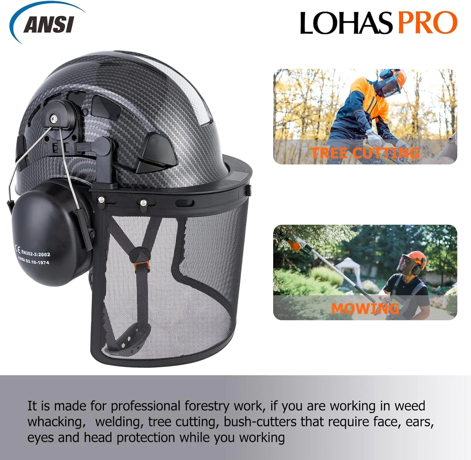 LOHASPRO Forestry Safety Helmet Chainsaw Helmet with Mesh Face Shield and Ear Muffs for Tree Logging Cutting Wood Arborist Helmet (Black Graphite Pattern with Mesh Face Shield Earmuff)