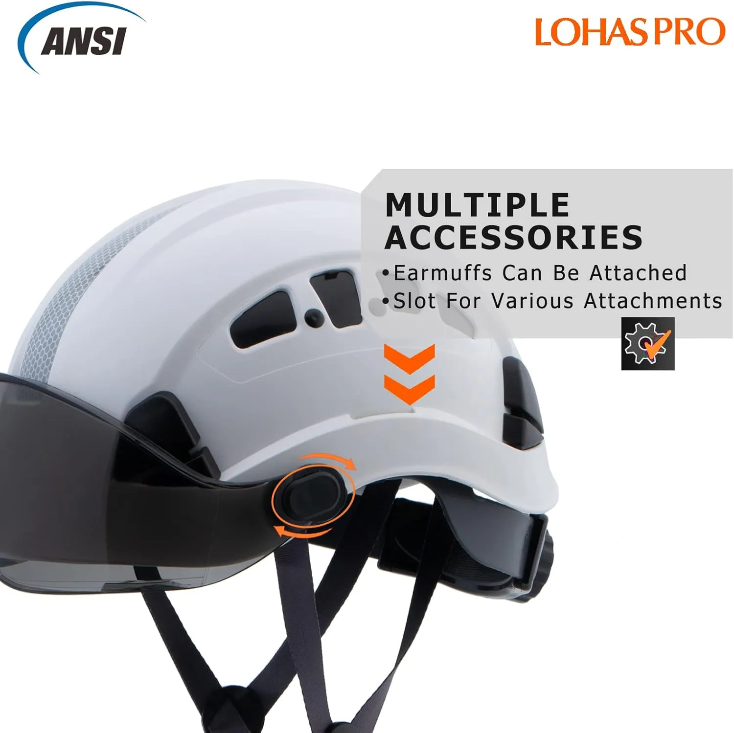 LOHASPRO Hard Hats Construction Safety Helmet with Visor ANSI Z89.1 Approved OSHA Hardhat, Vented Men White Hard Hat with Chin Strap Tree Climbing Arborist Helmet (P1 White Smoked Visor)