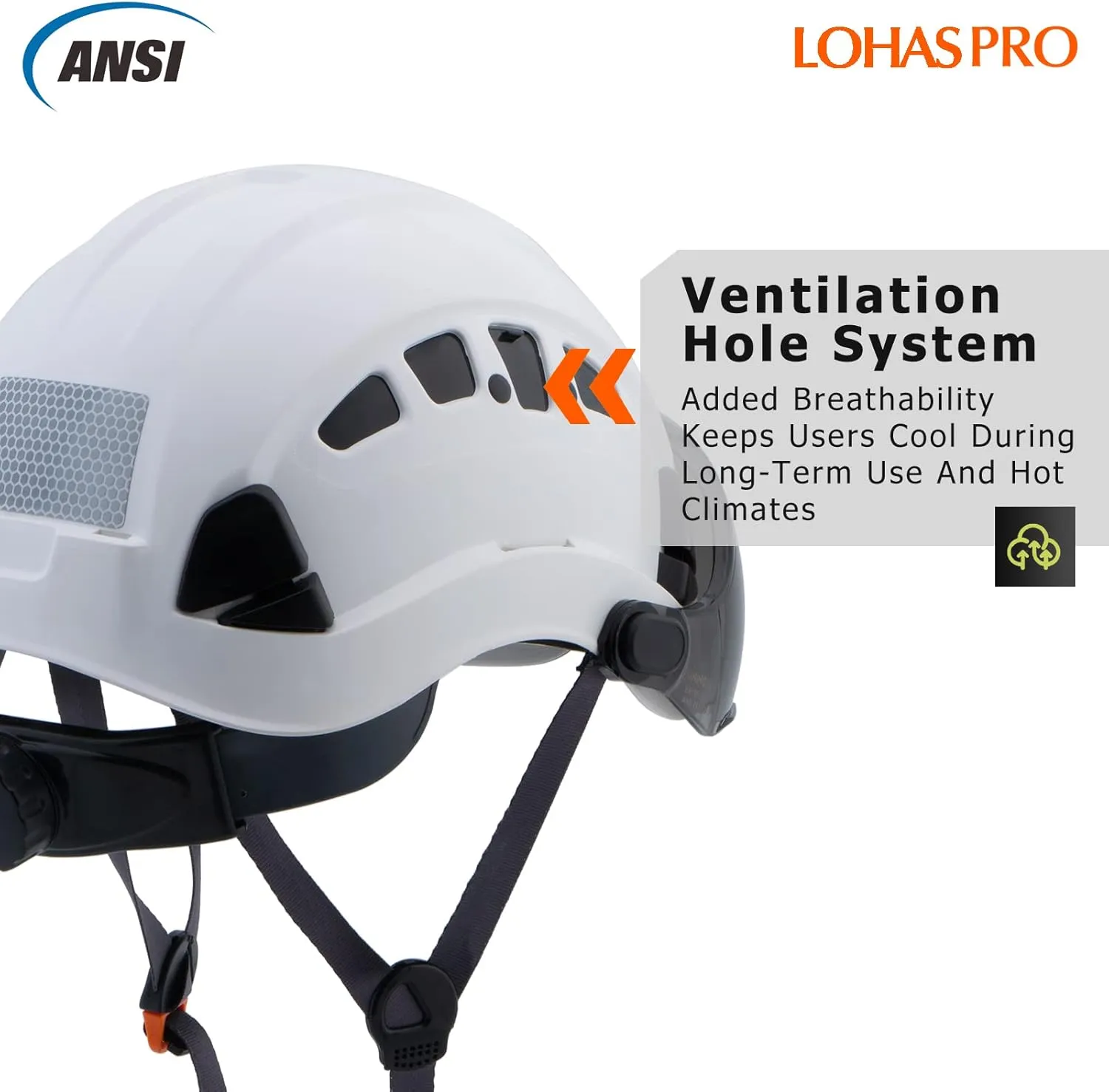 LOHASPRO Hard Hats Construction Safety Helmet with Visor ANSI Z89.1 Approved OSHA Hardhat, Vented Men White Hard Hat with Chin Strap Tree Climbing Arborist Helmet (P1 White Smoked Visor)
