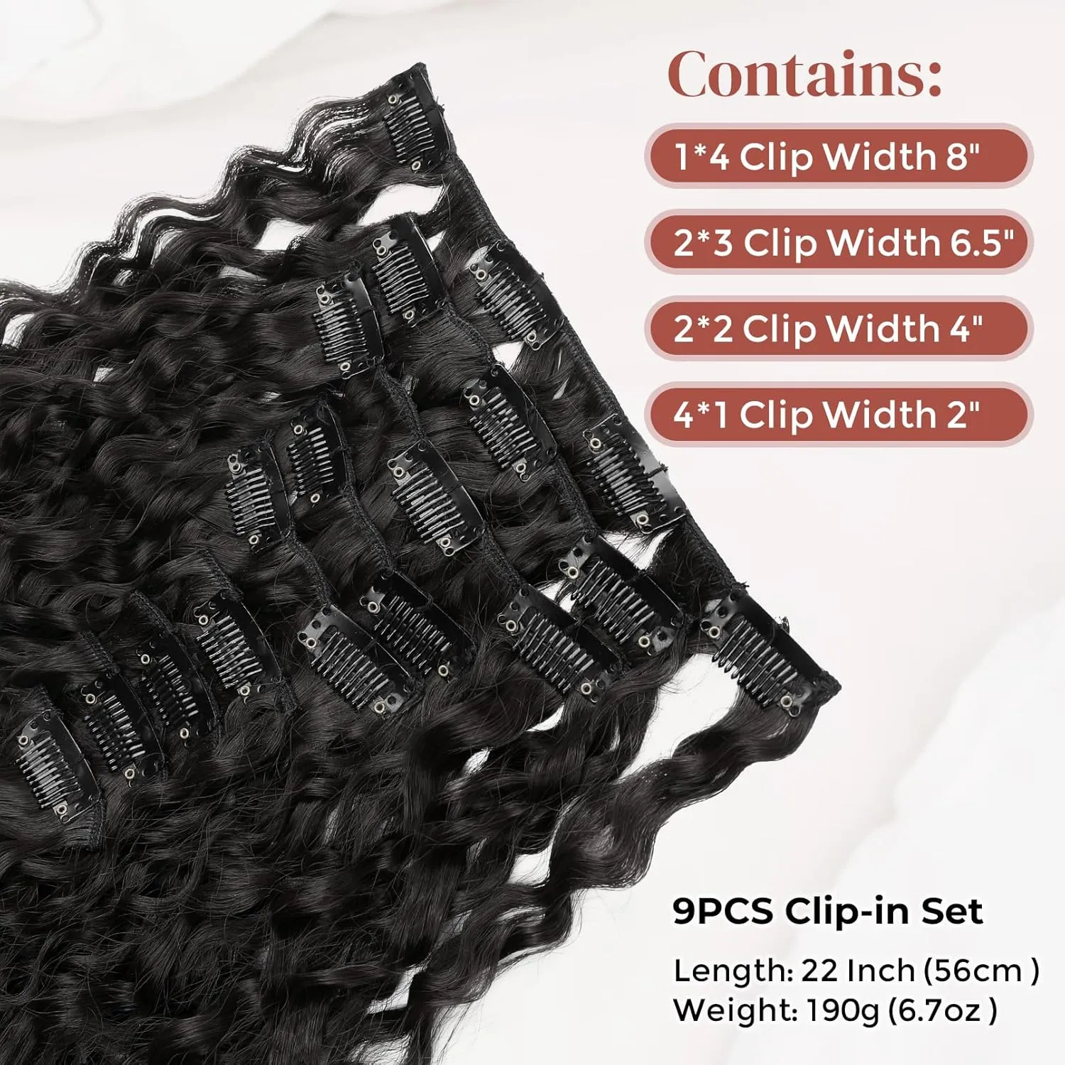 LONAI Black Hair Extension,9PCS 22" Curly Clip in Hair Extensions LN002 Long Soft Thick Synthetic Hairpieces for Women-Black