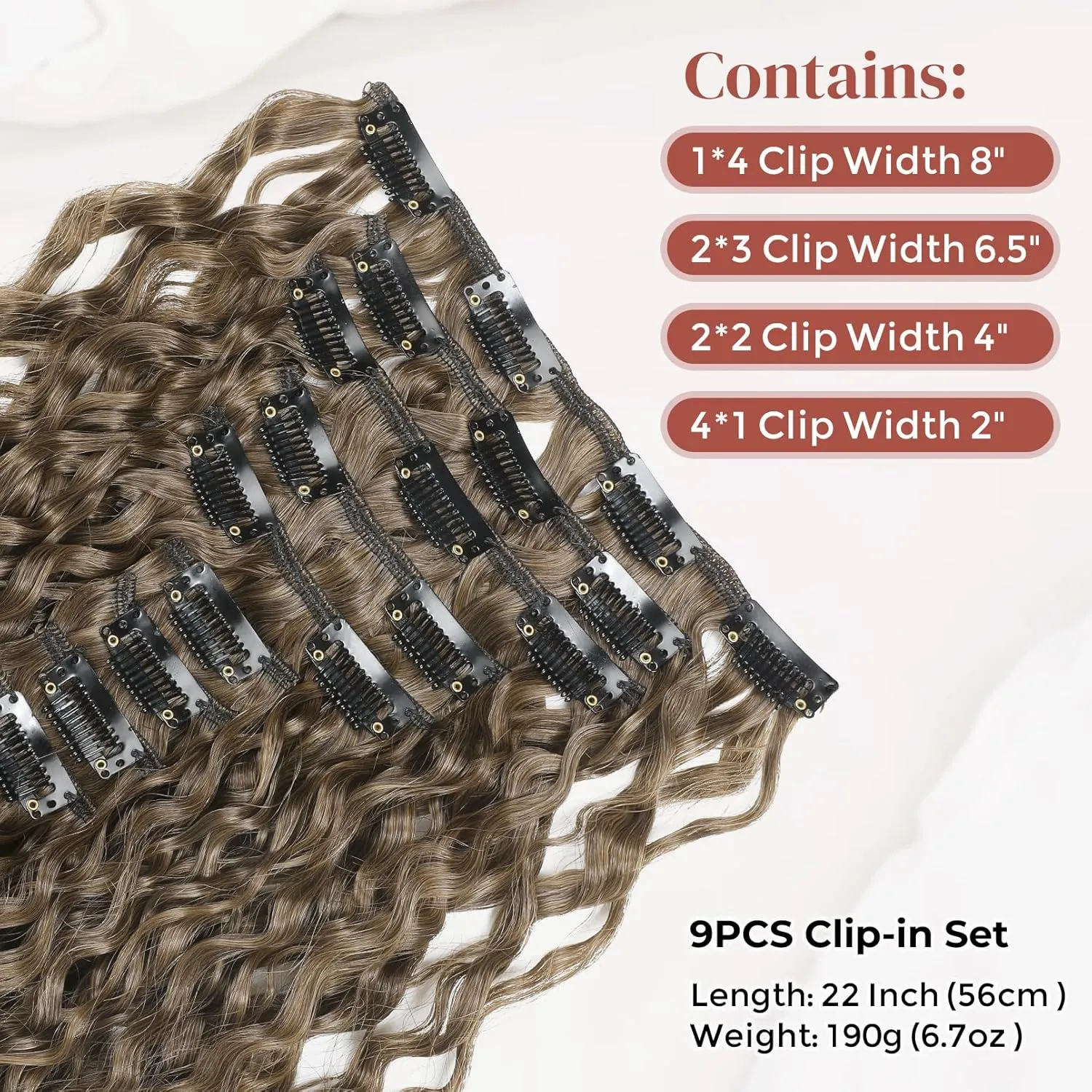 LONAI Hair Extension,9PCS 22" Curly Clip in Hair Extensions LN002 Long Soft Thick Synthetic Hairpieces for Women-Ash Brown to Blonde