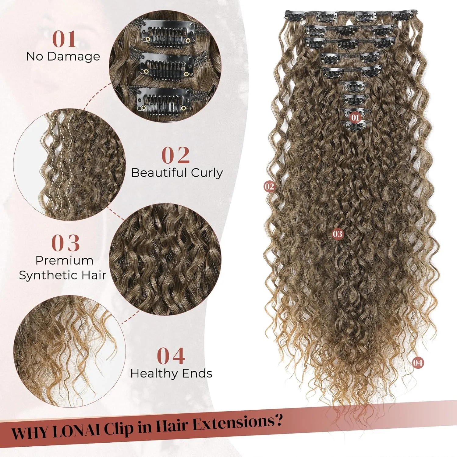 LONAI Hair Extension,9PCS 22" Curly Clip in Hair Extensions LN002 Long Soft Thick Synthetic Hairpieces for Women-Ash Brown to Blonde