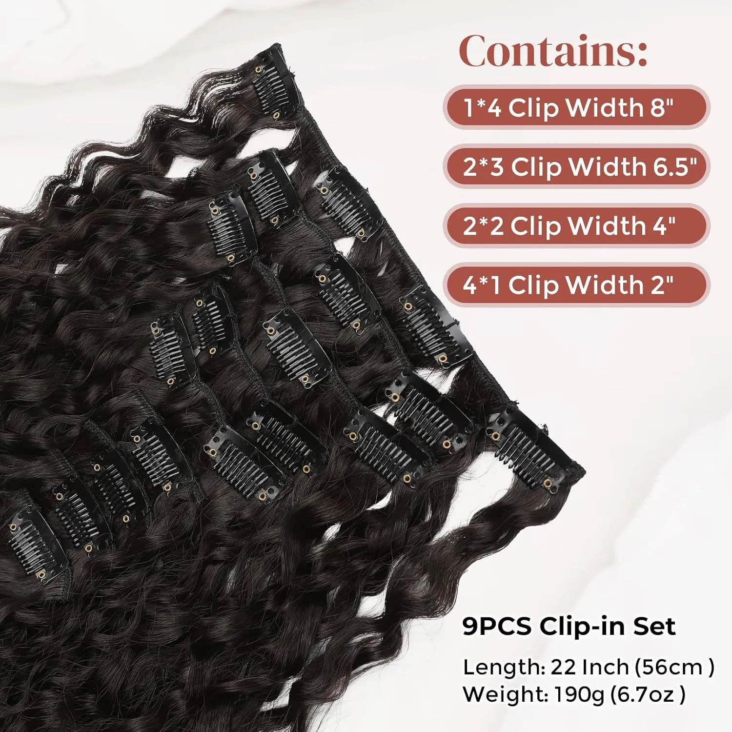 LONAI Hair Extension,9PCS 22" Curly Clip in Hair Extensions LN002 Long Soft Thick Synthetic Hairpieces for Women- Black Brown