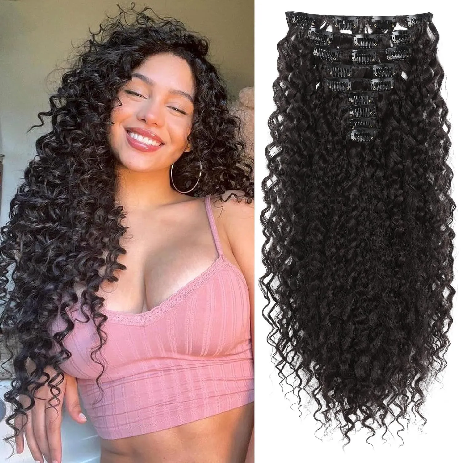 LONAI Hair Extension,9PCS 22" Curly Clip in Hair Extensions LN002 Long Soft Thick Synthetic Hairpieces for Women- Black Brown