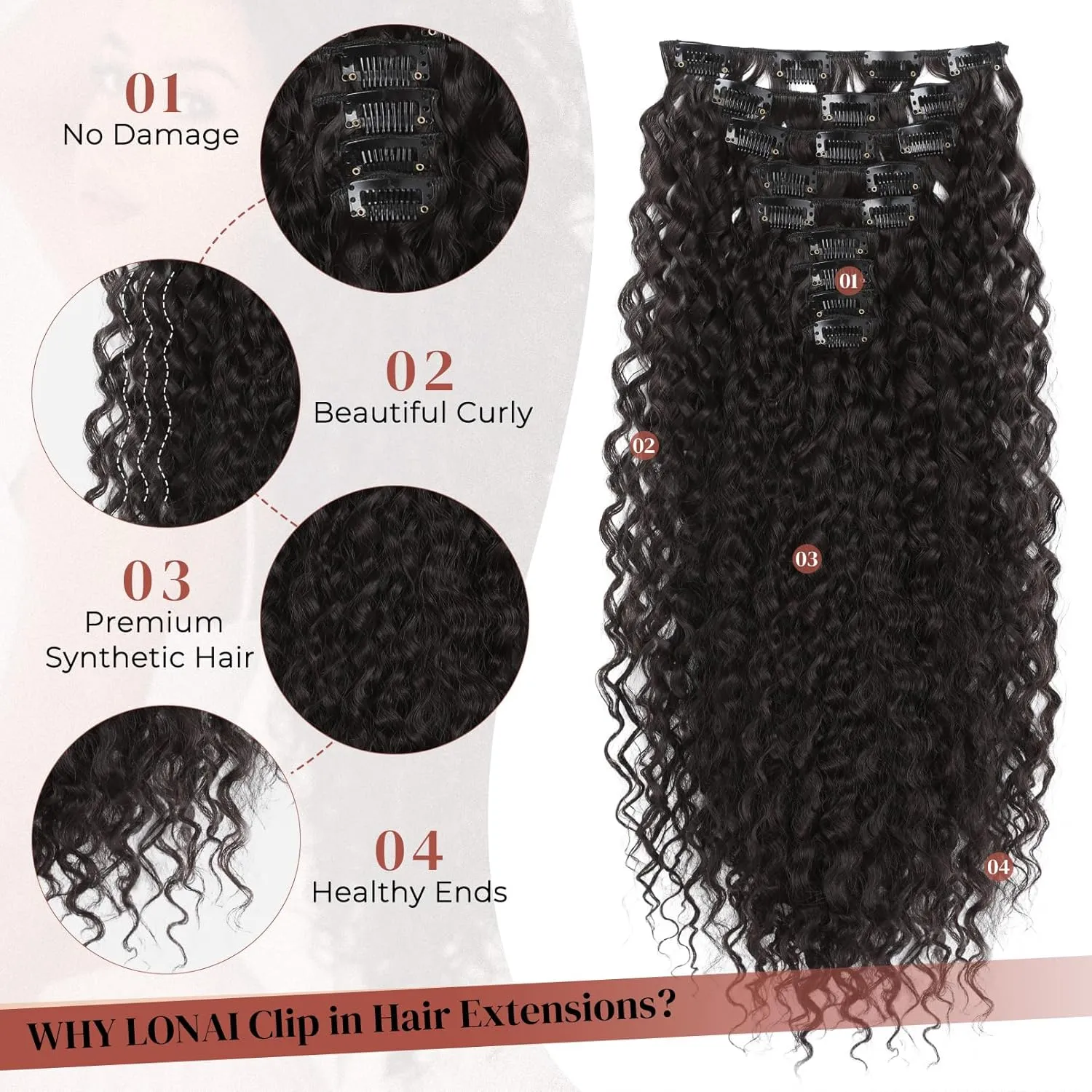 LONAI Hair Extension,9PCS 22" Curly Clip in Hair Extensions LN002 Long Soft Thick Synthetic Hairpieces for Women- Black Brown