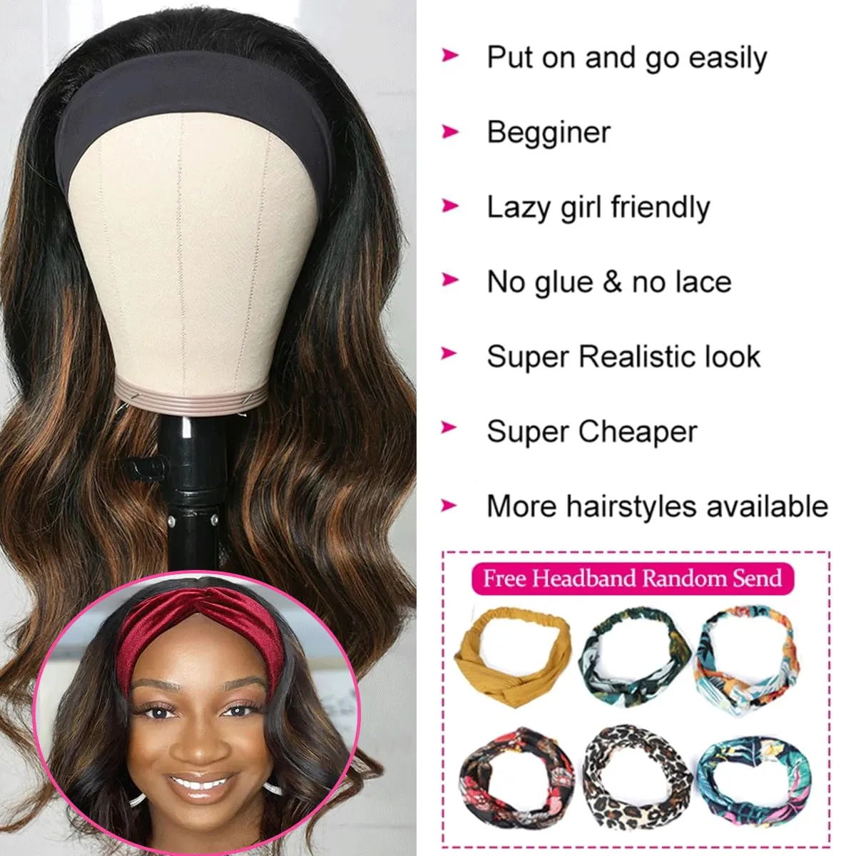 Long Headband Wigs for Black Women Synthetic Headband Wig Black Mix Brown Highlight Color Loose Body Wavy Glueless Wigs with Headband