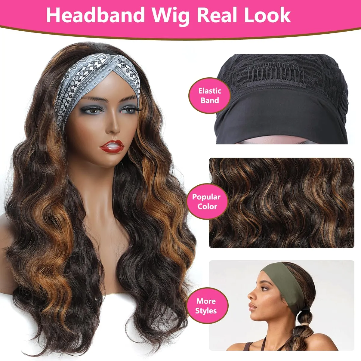 Long Headband Wigs for Black Women Synthetic Headband Wig Black Mix Brown Highlight Color Loose Body Wavy Glueless Wigs with Headband