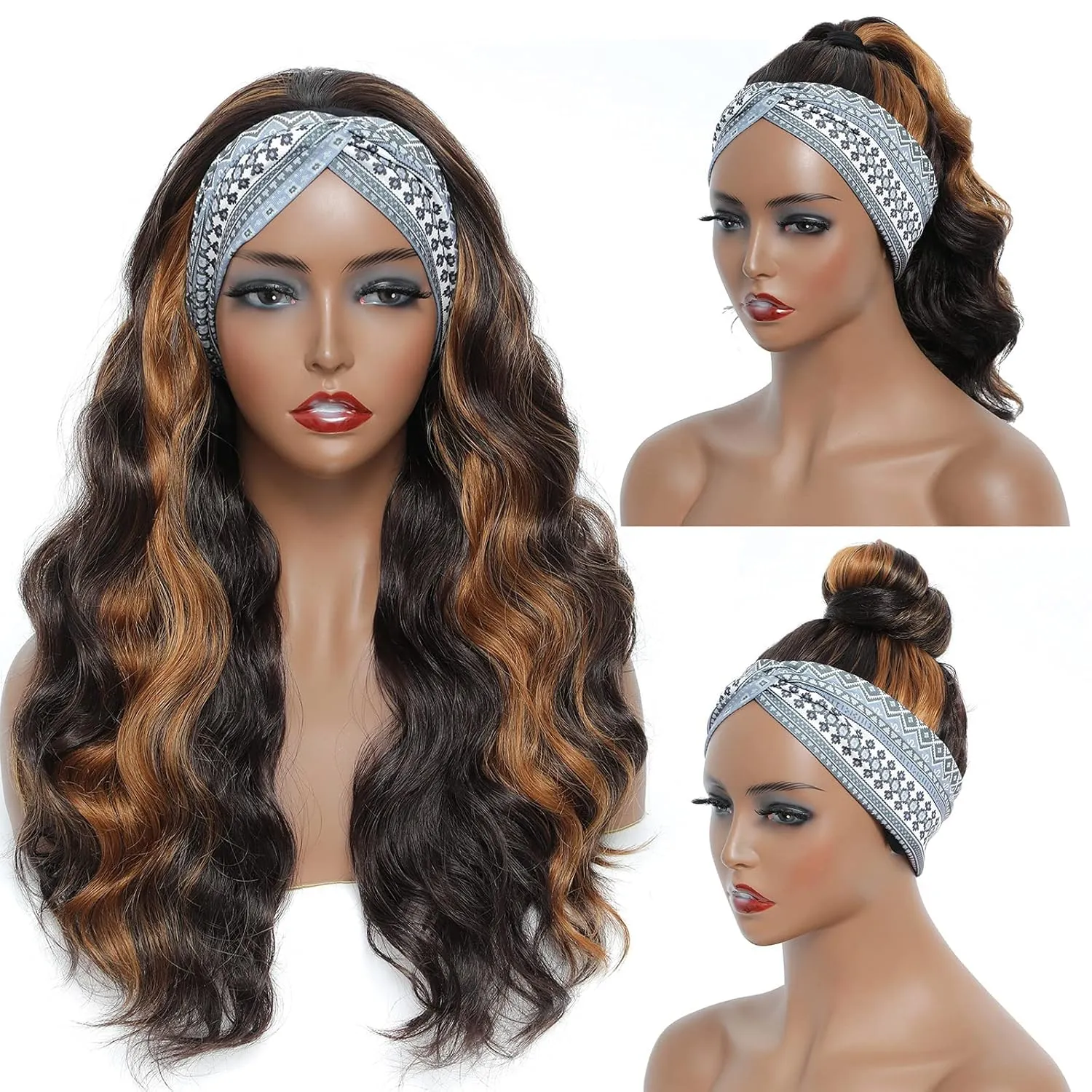 Long Headband Wigs for Black Women Synthetic Headband Wig Black Mix Brown Highlight Color Loose Body Wavy Glueless Wigs with Headband