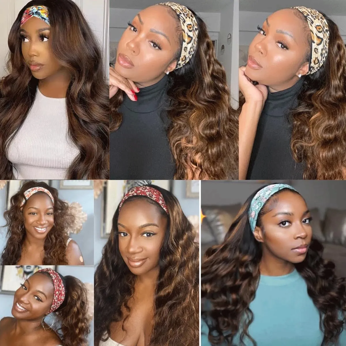Long Headband Wigs for Black Women Synthetic Headband Wig Black Mix Brown Highlight Color Loose Body Wavy Glueless Wigs with Headband