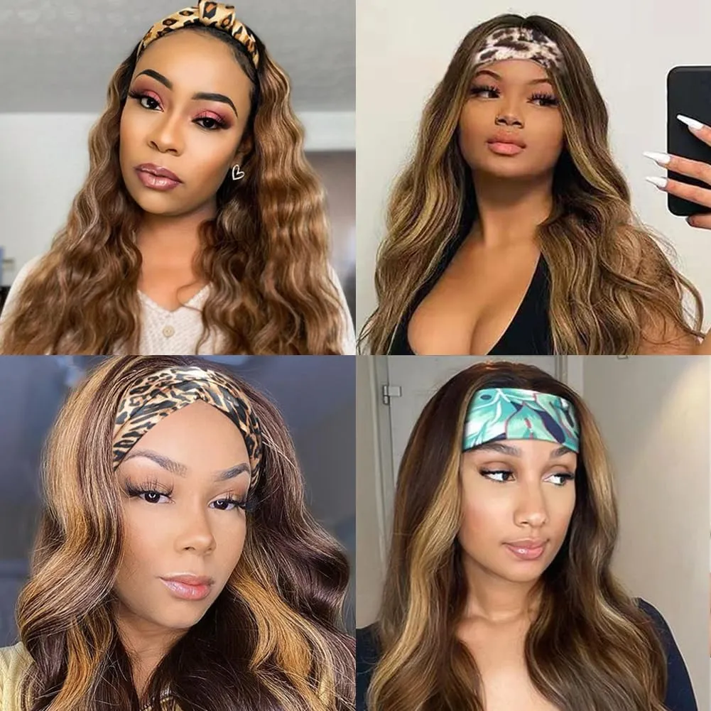 Long Headband Wigs for Black Women Synthetic Headband Wig Black Mix Brown Highlight Color Loose Body Wavy Glueless Wigs with Headband