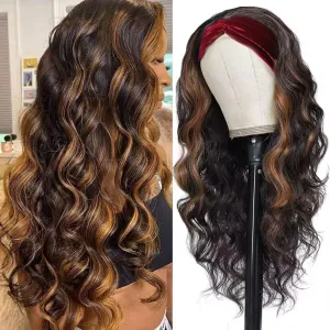 Long Headband Wigs for Black Women Synthetic Headband Wig Black Mix Brown Highlight Color Loose Body Wavy Glueless Wigs with Headband